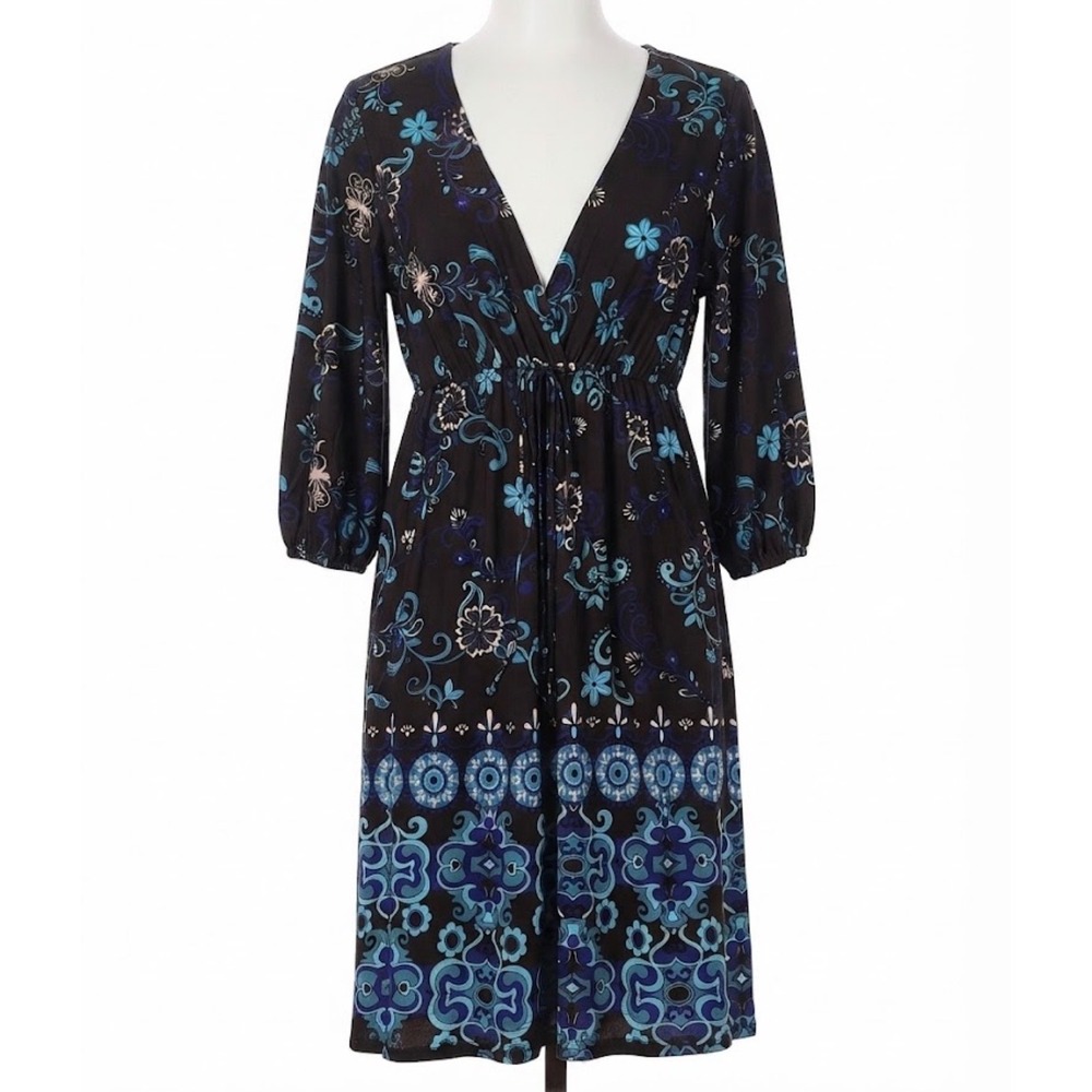 Hypnotized Brown Blue Floral Paisley V-Neck Empire Waist Midi Dress 2X Y2K Boho